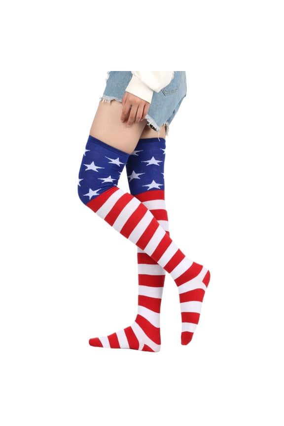 Womens Over The Knee Thigh High Socks With American Flag Star Stripe Design Patriotic Themed Long Socks For Fourth Of July Parties Festive Celebrations