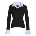 thumbnail image 1 of VNKIDY Womens Layered Look Blouse Casual Long Sleeve V Neck Shirt With Striped Collar For Office Business Casual Wear Black M, 1 of 4