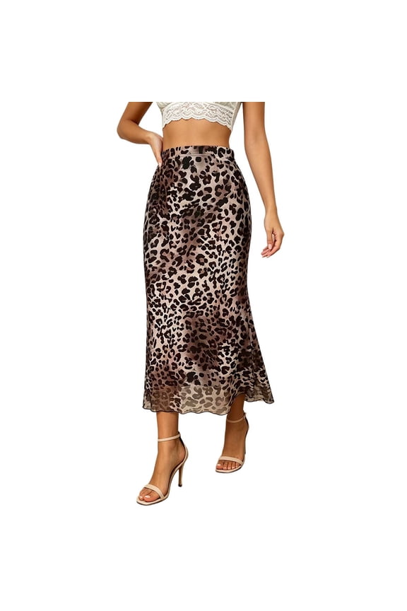 Womens Leopard Print High Waist Satin Flowy Hem Midi Skirt For Office Work Date Nights Everyday Outings Cozy Skirts