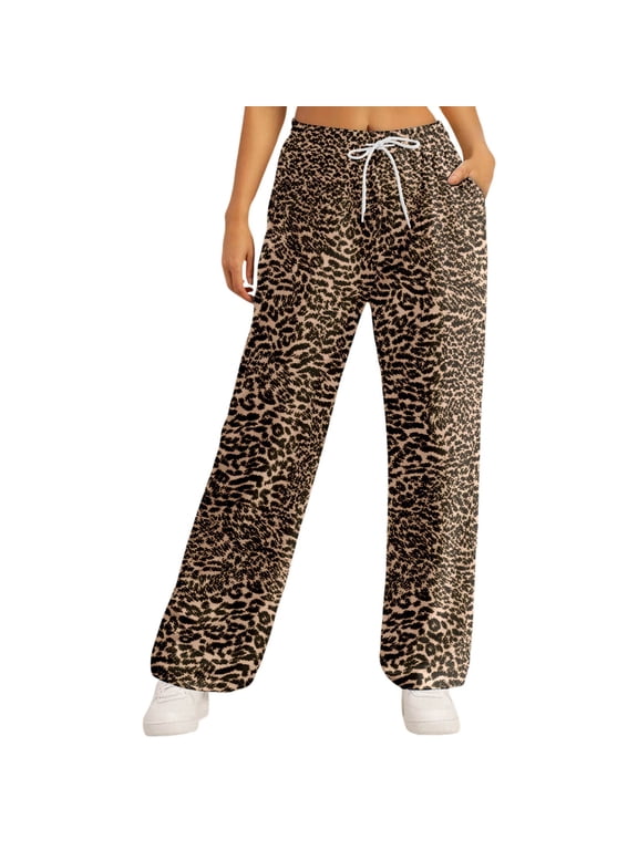 Womens Leopard Print High Waisted Wide Leg Pants Drawstring Waistband Side Pockets Lightweight Casual Trendy Trousers For Summer Wear Brown1 L