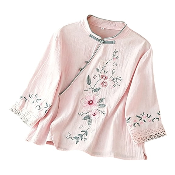VNKIDY Womens Mandarin Collar Three Quarter Sleeve Blouse With Floral Embroidery Lace Trim Knot Button Closure Loose Fit For Casual Wear Classic Top