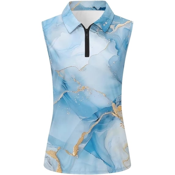 VNKIDY Womens Marble Print Sleeveless Polo Shirt Zip Up Collared Casual Golf Blouse Top For Summer Daily Wear Soft Top