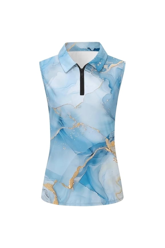 Womens Marble Print Sleeveless Polo Shirt Zip Up Collared Casual Golf Blouse Top For Summer Daily Wear Soft Top
