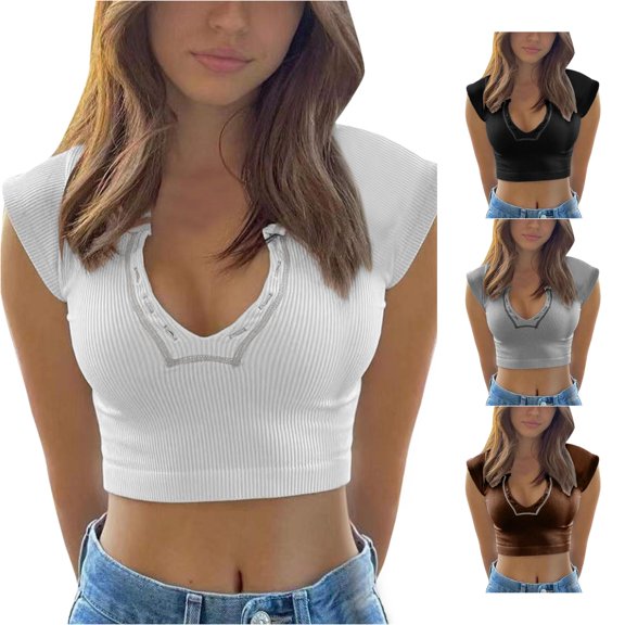 VNKIDY Womens Notch V Neck Cap Sleeve Solid Ribbed Knit Cropped Slim Fit Casual Basic Top For Ladies Daily Shopping Casual Daily Wear S