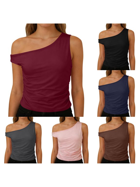 Womens One Off Shoulder Sleeveless Solid Color Stretch Side Ruched Slim Fit Casual Wrap Top For Ladies Daily Shopping Party Daily Wear L