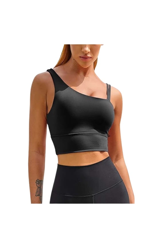 Womens One Shoulder Sports Tank Top Solid Color Asymmetric Strap Activewear Crop Top With Wide Elastic Band For Workout Daily Fitness Athletic Training Black