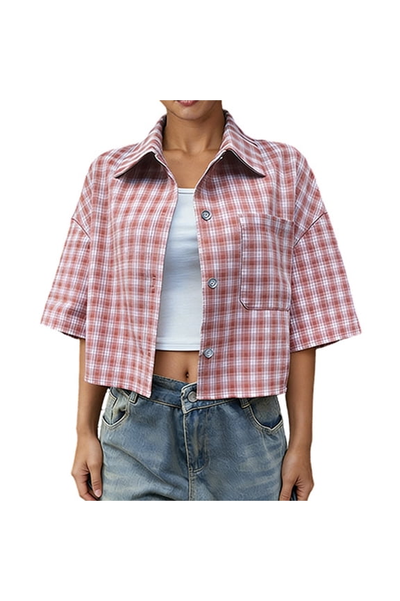 Womens Plaid Print Cropped Button Down Shirt Short Sleeve Collared Loose Fit Casual Blouse With Bust Pocket For Daily Wear Trendy Top