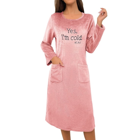 VNKIDY Womens Plush Nightgown Dress Solid Color Letter Print Long Sleeve Crewneck Sleep Shirt With Pockets For Warm Loungewear Pink XXL
