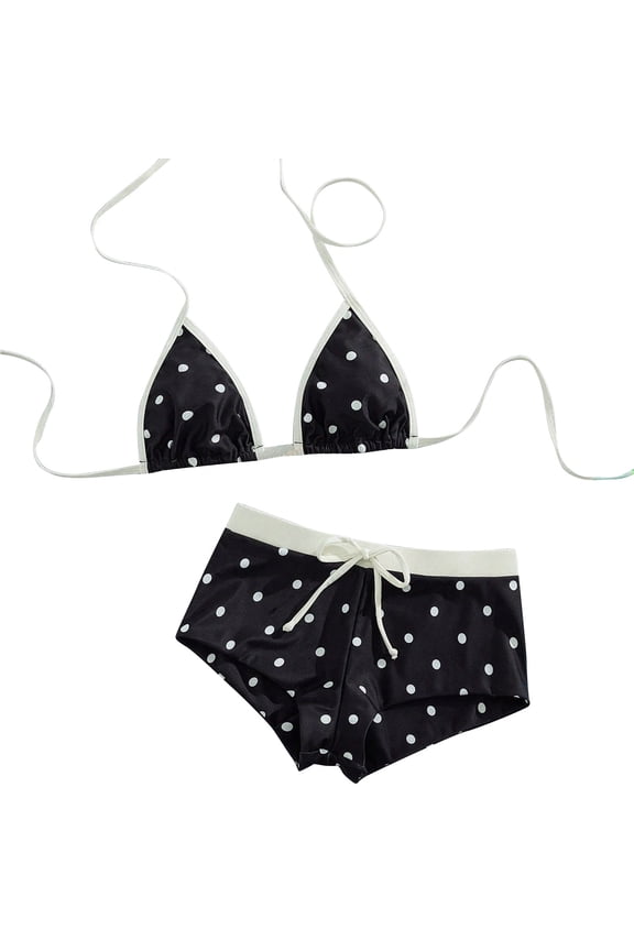 Womens Polka Dot Print Triangle Halter Bikini Top With Contrast Trim High Waisted Boyshorts Bottom With Front Tie Two Piece Swimwear Set For Beach Days Summer Vacations Stylish Swimwear