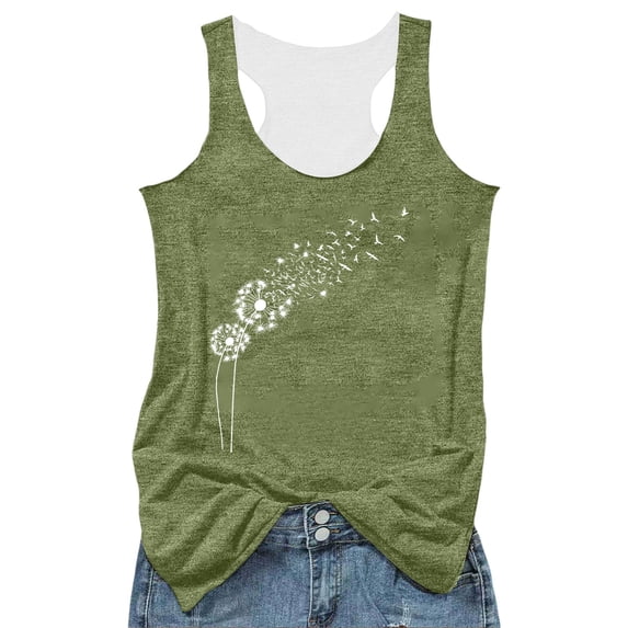 VNKIDY Womens Racerback Tank Top With Dandelion Print Sleeveless Loose Fit Casual Summer Top For Beach Daily Wear Green XL