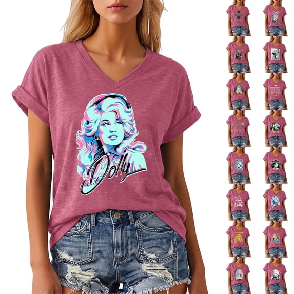 VNKIDY Womens Retro Dolly Graphic Tee Short Sleeve V Neck Country Legend Parton Memorial T Shirts Casual Nashville Western Country Music Relaxed Fit Fall Clothes For Women,Size XXL