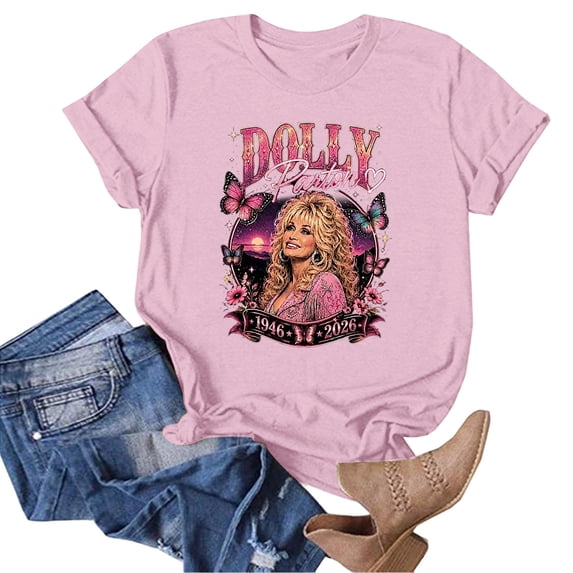 VNKIDY Womens Retro Dolly Shirt Short Sleeve Country Legend Memorial T-Shirts Parton Graphic Tees Casual Country Music Festival Loose Fit Fall Clothes For Women,Size XXXL
