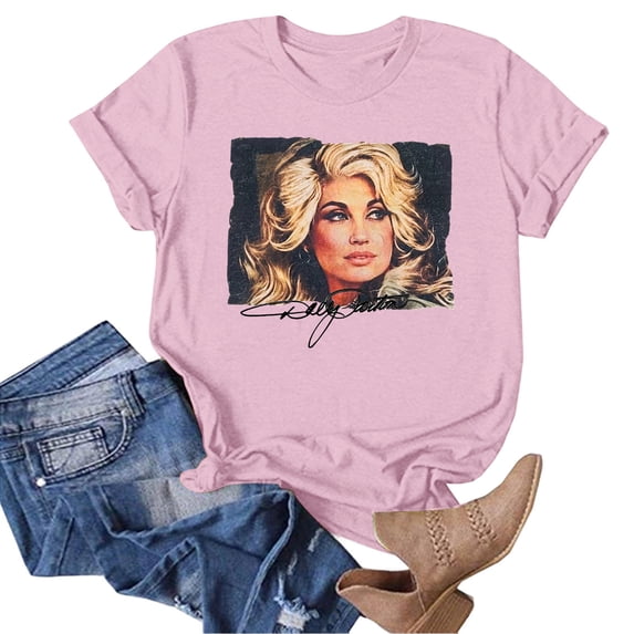 VNKIDY Womens Retro Dolly Shirt Short Sleeve Parton Memorial T-Shirts Country Singer Graphic Tees Casual Country Music Festival Relaxed Fit Womens Tops,Size L
