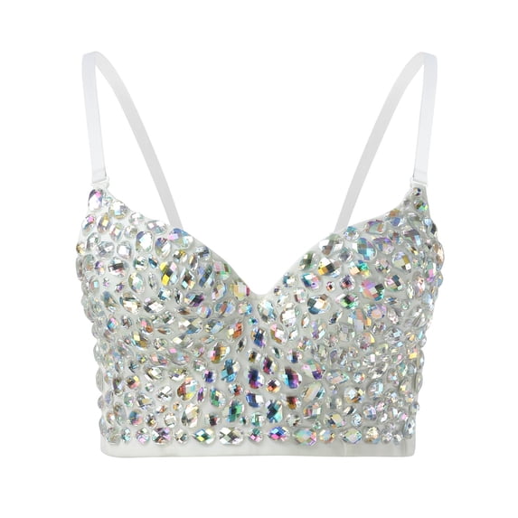 VNKIDY Womens Rhinestone Embellishment Bustier Top Spaghetti Straps Sweetheart Neckline Cami Top For Party Daily Casual Wear White