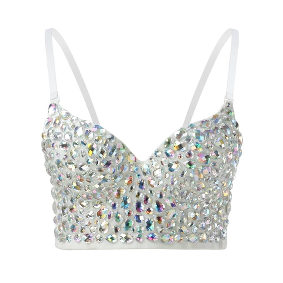 VNKIDY Womens Rhinestone Embellishment Bustier Top Spaghetti Straps Sweetheart Neckline Cami Top For Party Daily Casual Wear White