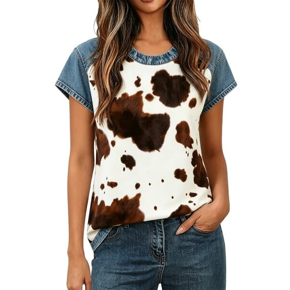 VNKIDY Womens Round Neck Short Sleeve Raglan TShirt With Cow Print Casual Western Style Relaxed Fit Top For Summer Daily Wear Versatile Top
