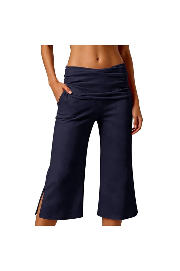 Womens Ruched Foldover Waistband Capri Pants With Side Slits Stretchy Casual Wide Leg Fit Trousers For Yoga Practice Daily Errands Casual Pants