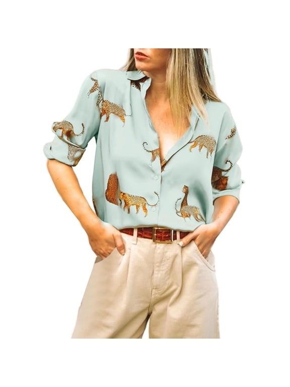 Womens Satin Leopard Print Button Down Shirt Long Sleeve Collared Loose Fit Casual Blouse For Vacation Daily Wear Leisure Top
