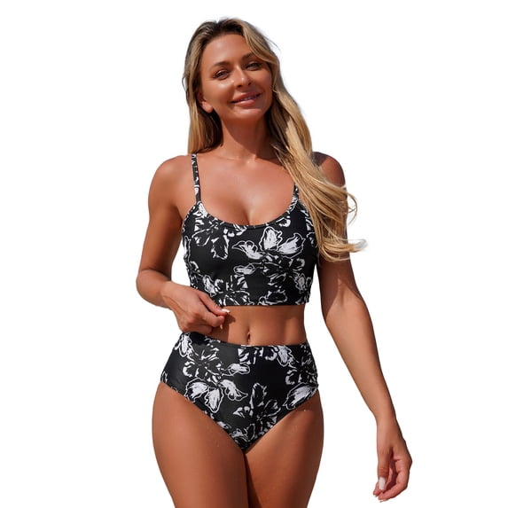 VNKIDY Womens Scoop Neck Sleeveless Floral Print Crop Tankini Top High Waisted Full Coverage Bottom Two Piece Swimwear Set With Adjustable Straps For Beach Days Summer Vacations C欧洲游Swimwear