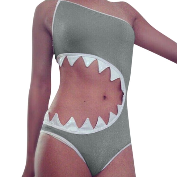 VNKIDY Womens Shark Hollow Out One Piece Swimsuit One Shoulder With White Teeth Trim Casual Swimsuit For Summer Beach Vacation Wear Gray S