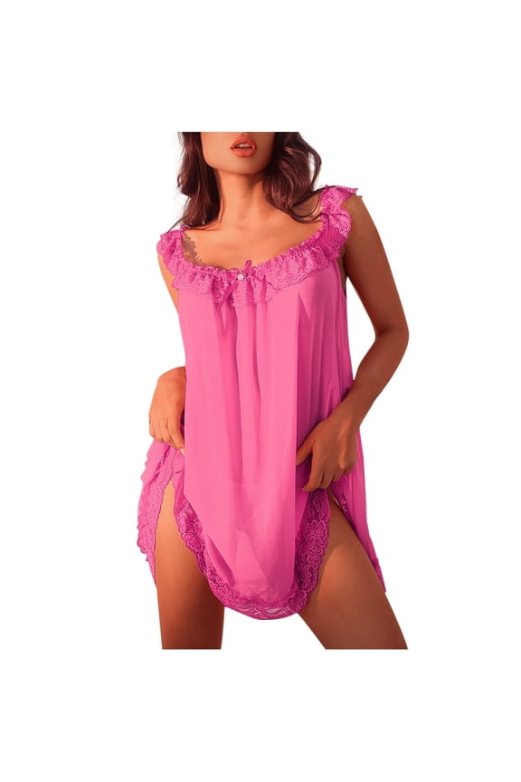 Womens Sheer Lace Trim Nightgown Solid Color Mesh Sleep Dress With Ruffled Straps Floral Bow Accents For Loungewear Hot Pink M