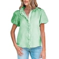 thumbnail image 1 of VNKIDY Womens Short Sleeve Striped Blouse Ruffled Collar Button Front Puff Sleeves Casual Chic Shirt For Summer Office Daily Wear Green S, 1 of 4