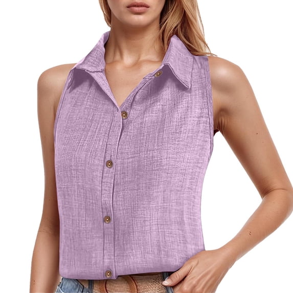 VNKIDY Womens Sleeveless Collared Button Front Tank Top Solid Color Casual Workwear Blouse For Summer Office Daily Wear Purple