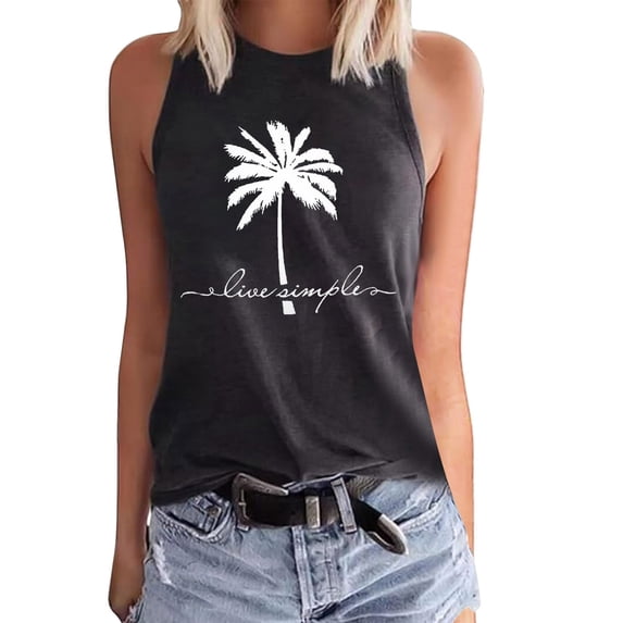 VNKIDY Womens Sleeveless Crewneck Graphic Tank Top Tree Print Casual Loose Fit Cami For Summer Beach Vacation Daily Wear Black