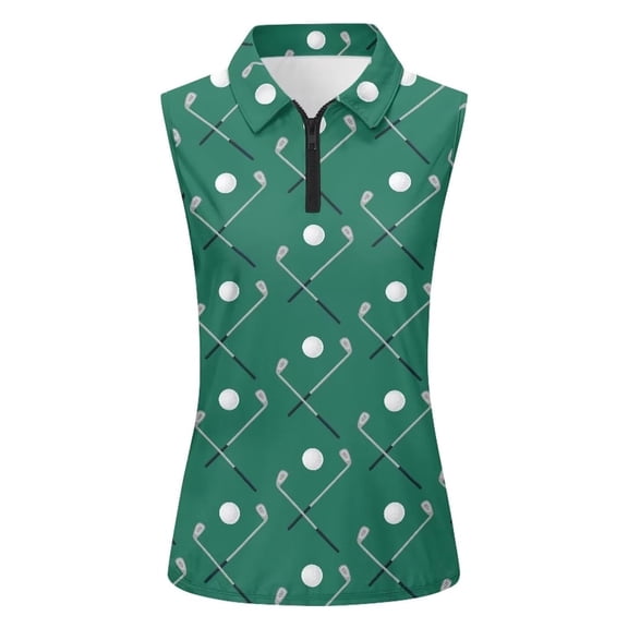 VNKIDY Womens Sleeveless Polo Collar Golf Print Shirt Color Block Half Zipper Front Casual Sporty Blouse For Summer Tennis Training Daily Wear Green L