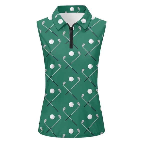 VNKIDY Womens Sleeveless Polo Collar Golf Print Shirt Color Block Half Zipper Front Casual Sporty Blouse For Summer Tennis Training Daily Wear Green XXL