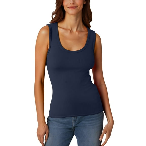 VNKIDY Womens Sleeveless Ribbed Tank Top Solid Color U Neck Casual Fitted Top For Summer Workout Layering Daily Wear Navy