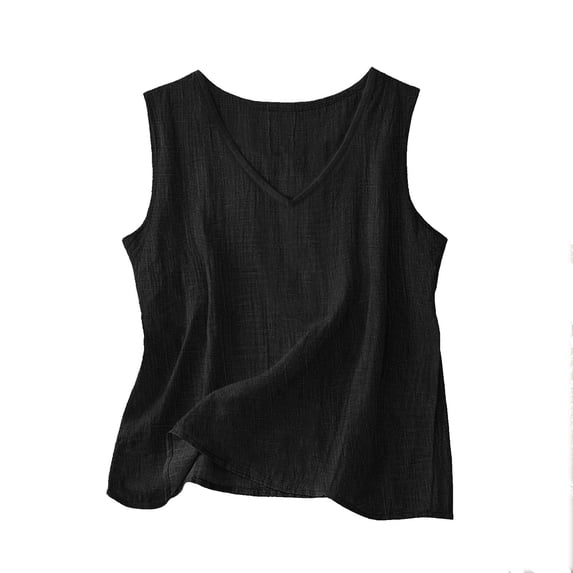 VNKIDY Womens Sleeveless V Neck Linen Tank Top Solid Color Casual Loose Fit Cami For Summer Beach Vacation Office Daily Wear Black