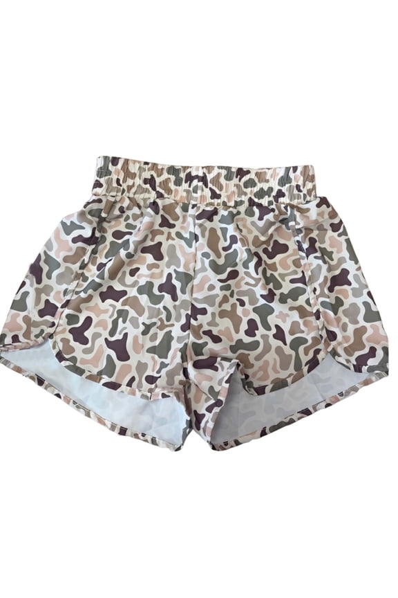 Womens Smocked Elastic Waist Camo Print Double Layer Curved Hem Shorts Summer Quick Dry Loose Beach Running Athletic Bottoms For Ladies Comfort Shorts Khaki L
