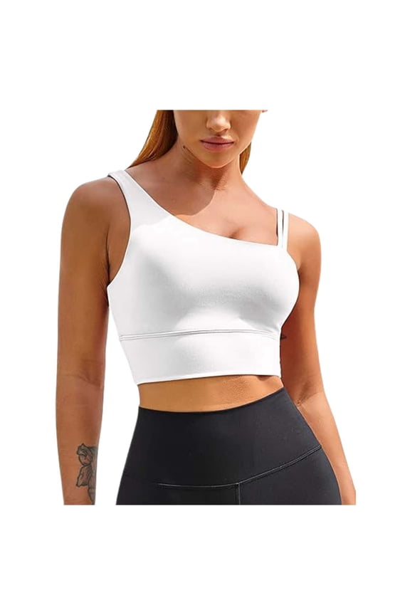 Womens Solid Color Asymmetric One Shoulder Sports Bra Crop Top With Double Strap For Yoga Running Gym Workouts White L