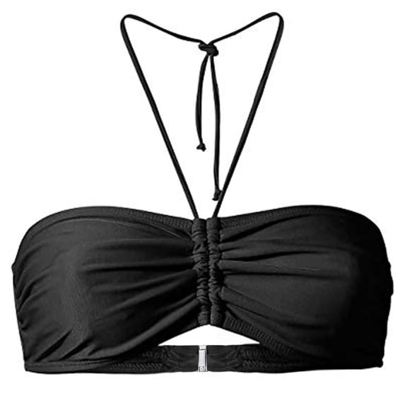VNKIDY Womens Solid Color Bandeau Bikini Top Halter Strap Ruched Front Stretchy Casual Swimsuit Top For Summer Beach Wear Black XXXXXL