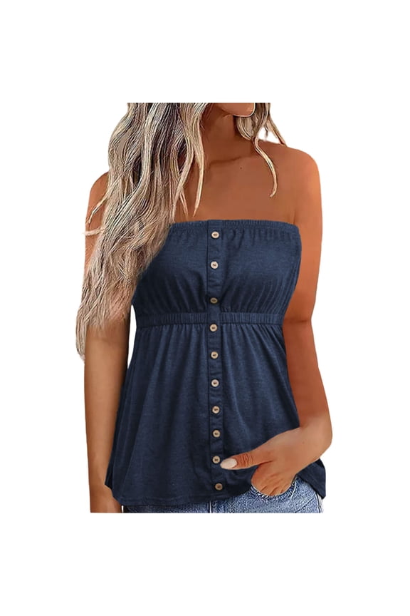 Womens Solid Color Button Down Shirred Waist Strapless Tube Top Sleeveless Flowy Casual Blouse For Summer Daily Wear Soft Top