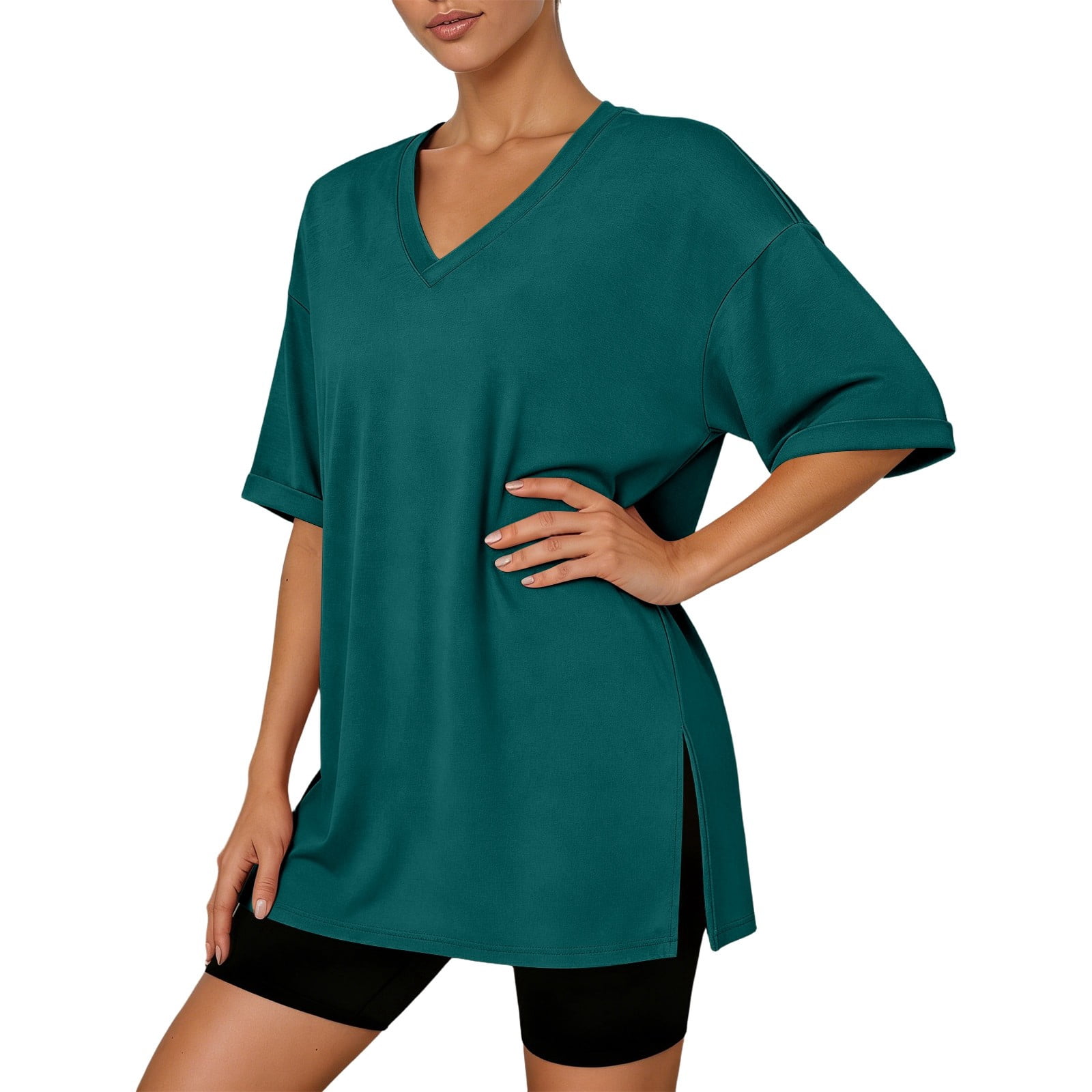 VNKIDY Womens Solid Color Casual V Neck Oversized Tunic Top With Rolled ...