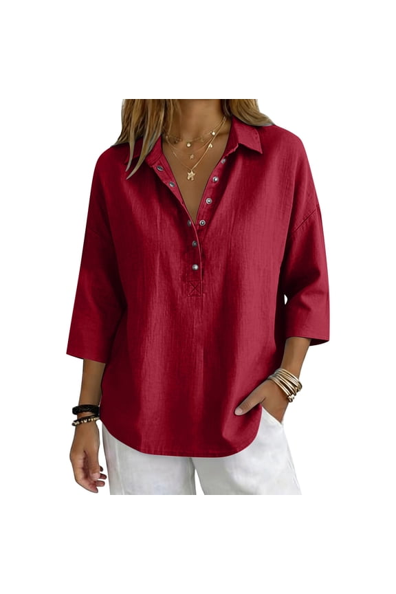 Womens Solid Color Collared Three Quarter Sleeve Henley Shirt With Partial Button Placket Relaxed Fit Lightweight For Casual Daily Wear Office Outings Cozy Top