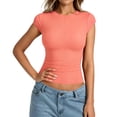 thumbnail image 1 of VNKIDY Womens Solid Color Crew Neck Short Sleeve Ribbed Knit Fitted TShirt Form Fitting Casual Tee For Everyday Wear Outings Casual Events Leisure Top, 1 of 5
