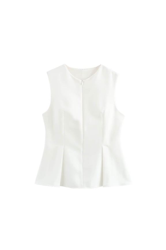 Womens Solid Color Crew Neck Sleeveless Peplum Vest Zip Front Fitted Blouse For Office Work Formal Events Everyday Outings White XS