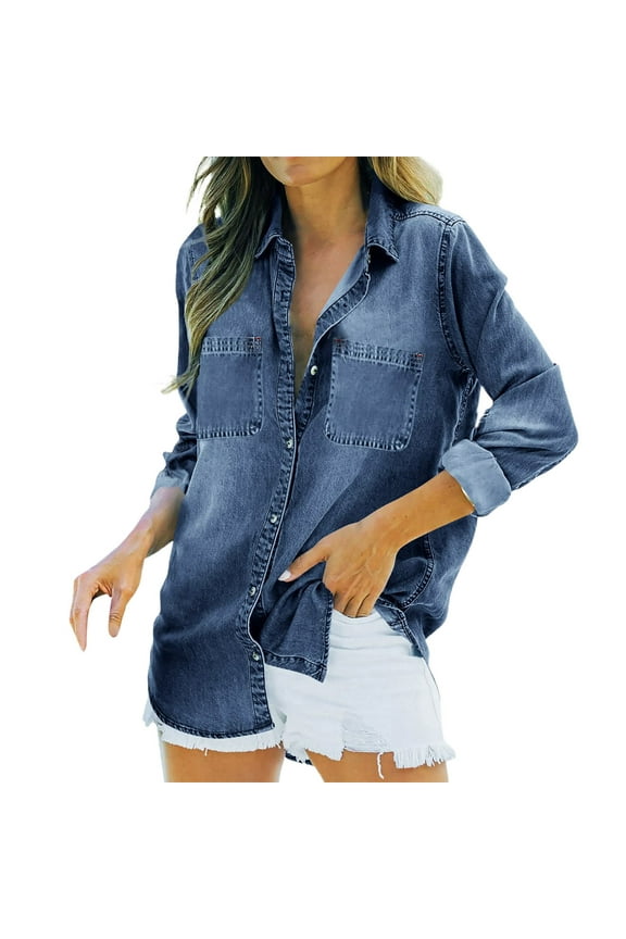 Womens Solid Color Denim Button Down Blouse Casual Long Sleeve Turn Down Collar Shirt With Dual Bust Pockets For Daily Wear Dark Blue M