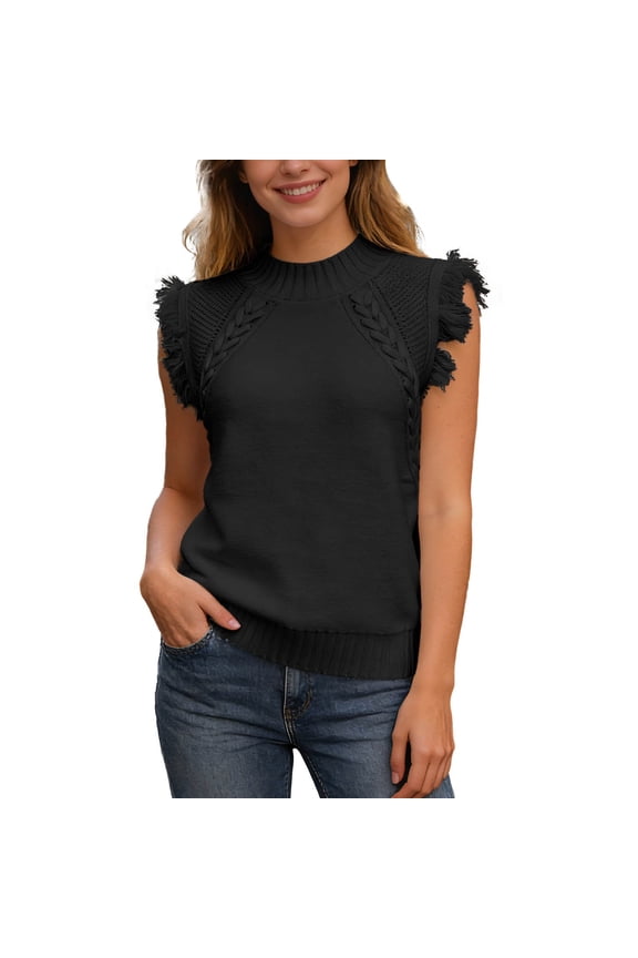 Womens Solid Color Half High Neck Sleeveless Knit Top Fringe Trim Casual Vest For Daily Wear Everyday Layered Outfits Black L