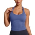 thumbnail image 1 of VNKIDY Womens Solid Color Halter Neck Workout Tank Top With Built In Bra Ribbed Slim Fit Sleeveless Crop Top For Yoga Gym Active Wear Blue2 S, 1 of 4