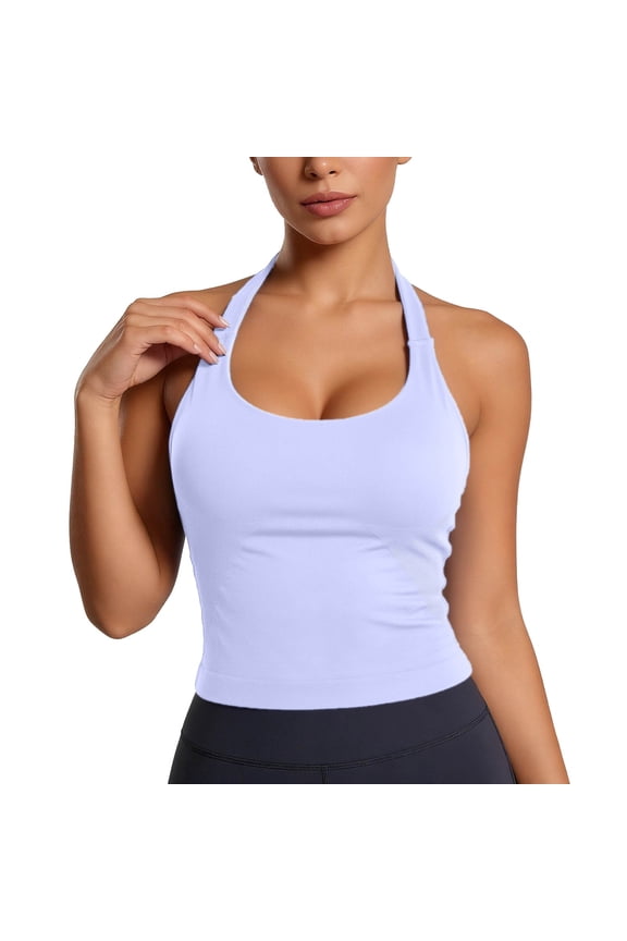Womens Solid Color Halter Neck Workout Tank Top With Built In Bra Ribbed Slim Fit Sleeveless Crop Top For Yoga Gym Active Wear Purple L