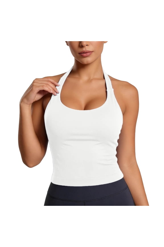 Womens Solid Color Halter Neck Workout Tank Top With Built In Bra Ribbed Slim Fit Sleeveless Crop Top For Yoga Gym Active Wear White S