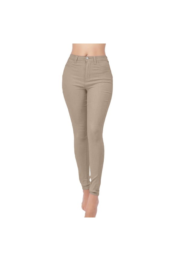 Womens Solid Color High Waist Button Fly Jeans Slim Fit Stretch Denim Pants Casual Trousers For Daily Streetwear Wear Khaki S