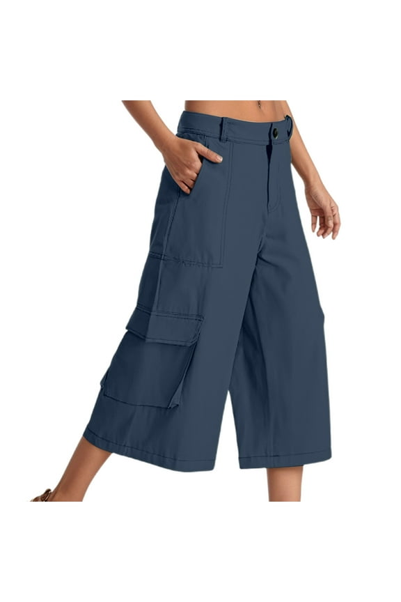 Womens Solid Color High Waist Button Fly Wide Leg Culottes Side Cargo Pocket Loose Fit Casual Trousers For Summer Daily Wear Navy XXL