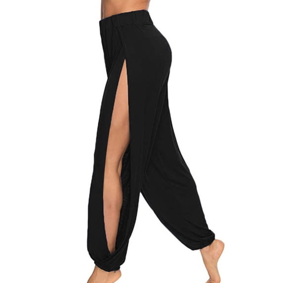 VNKIDY Womens Solid Color High Waist Elastic Waist Harem Pants Side Slit Detail Loose Fit Casual Trousers For Beach Daily Wear Black M