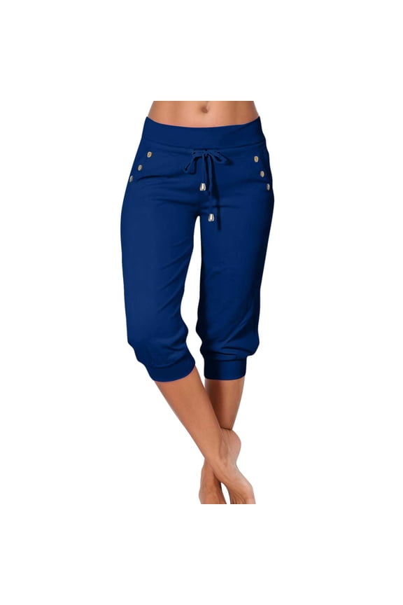 Womens Solid Color High Waisted Capri Pants Drawstring Waist Button Soft Knit Casual Sporty Trousers For Summer Daily Wear Blue S