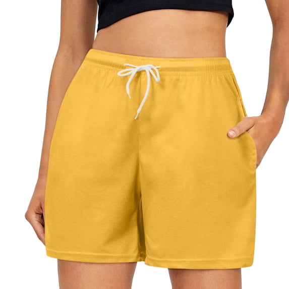 VNKIDY Womens Solid Color High Waisted Casual Shorts Drawstring Waistband Side Pockets Lightweight Comfy Summer Shorts For Daily Beach Wear Yellow L
